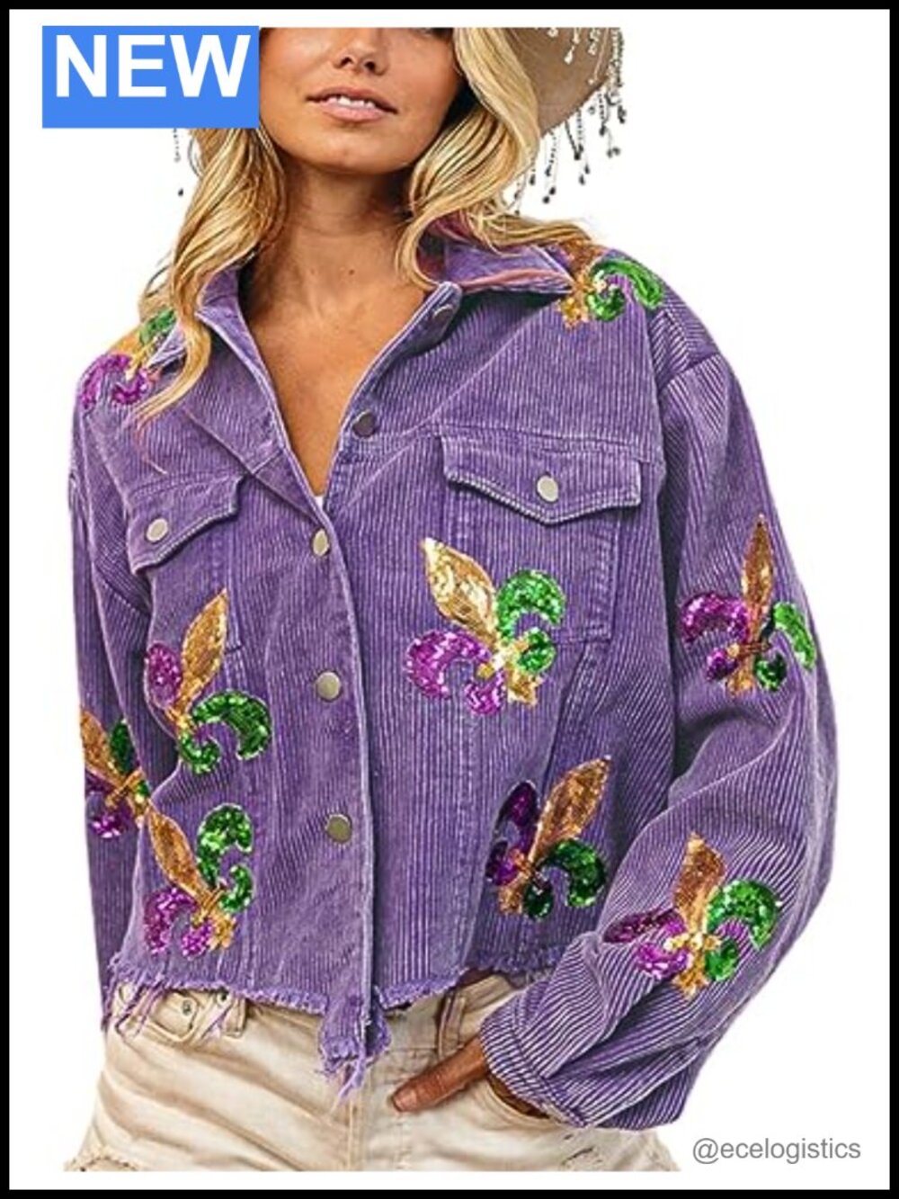 Womens Sequin Embroidered Cropped Corduroy Jacket Coat Shacket Fringe Hem